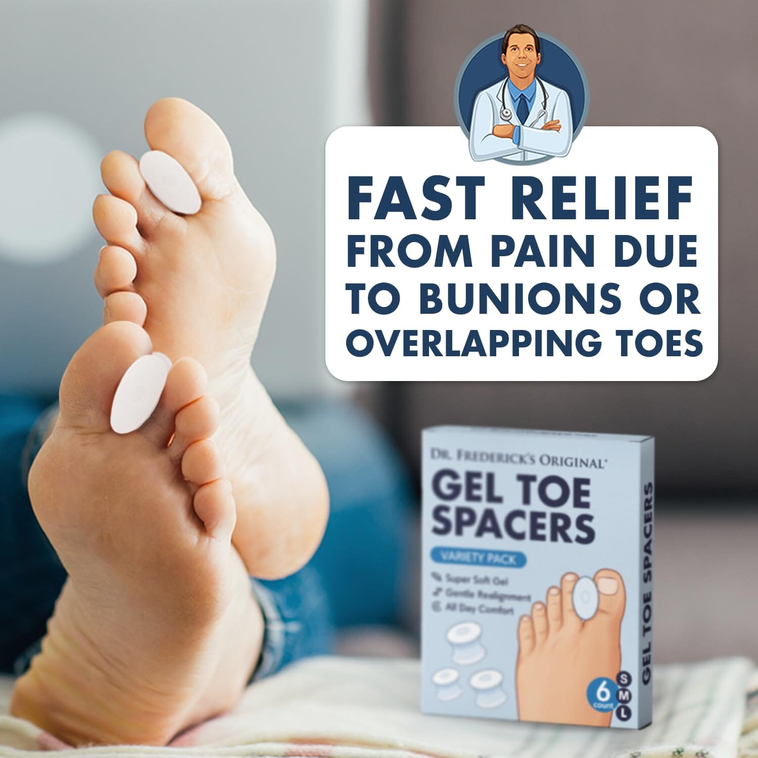 Dr. Frederick's Original Gel Toe Separators - 6 ct - Soft Spacers for Bunions, Overlapping Toes & Pain Relief - Variety Pack - Includes Small/Medium/Large Foot Pain Dr. Frederick's Original 