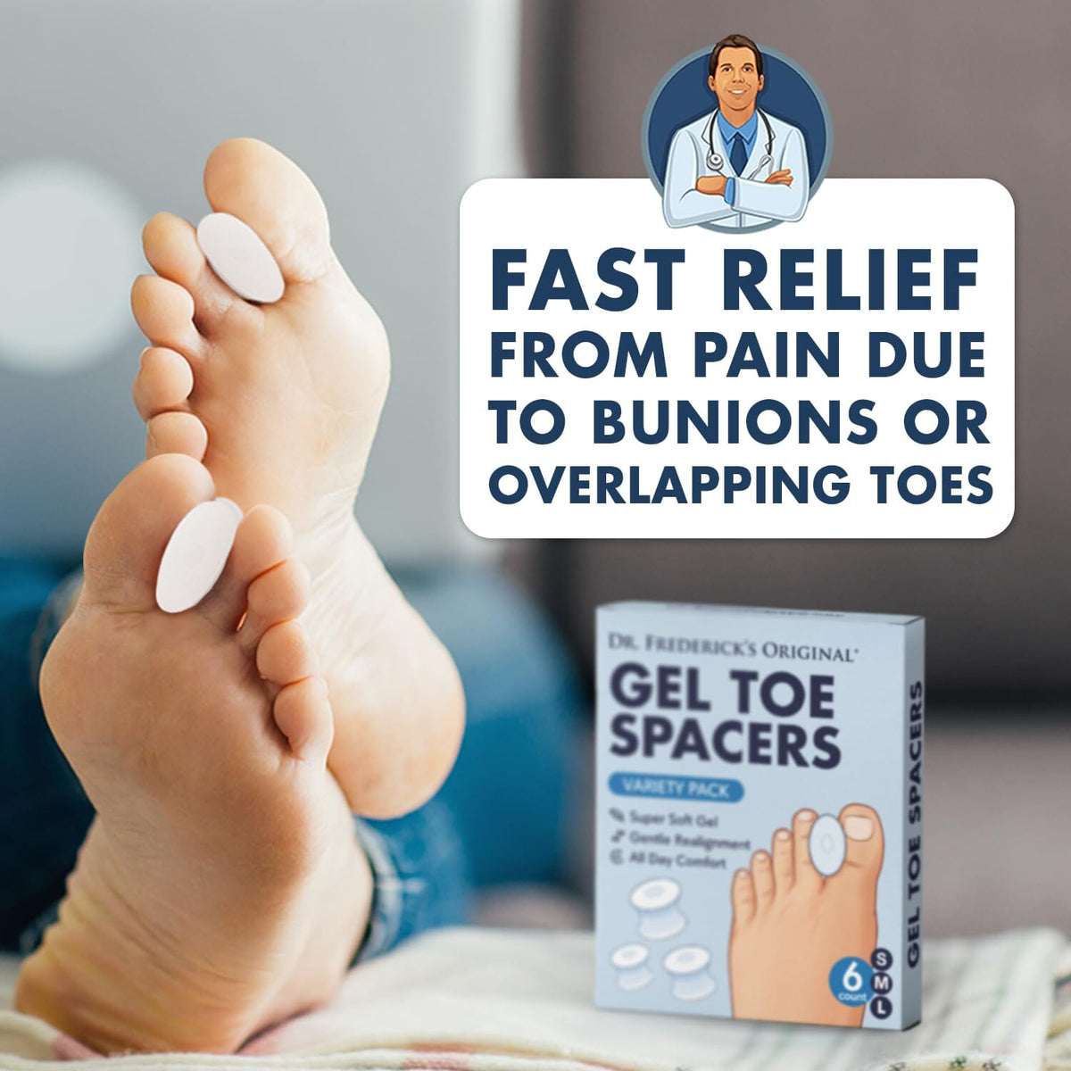 Dr. Frederick&#39;s Original Gel Toe Separators - 6 ct - Soft Spacers for Bunions, Overlapping Toes &amp; Pain Relief - Variety Pack - Includes Small/Medium/Large Foot Pain Dr. Frederick&#39;s Original 