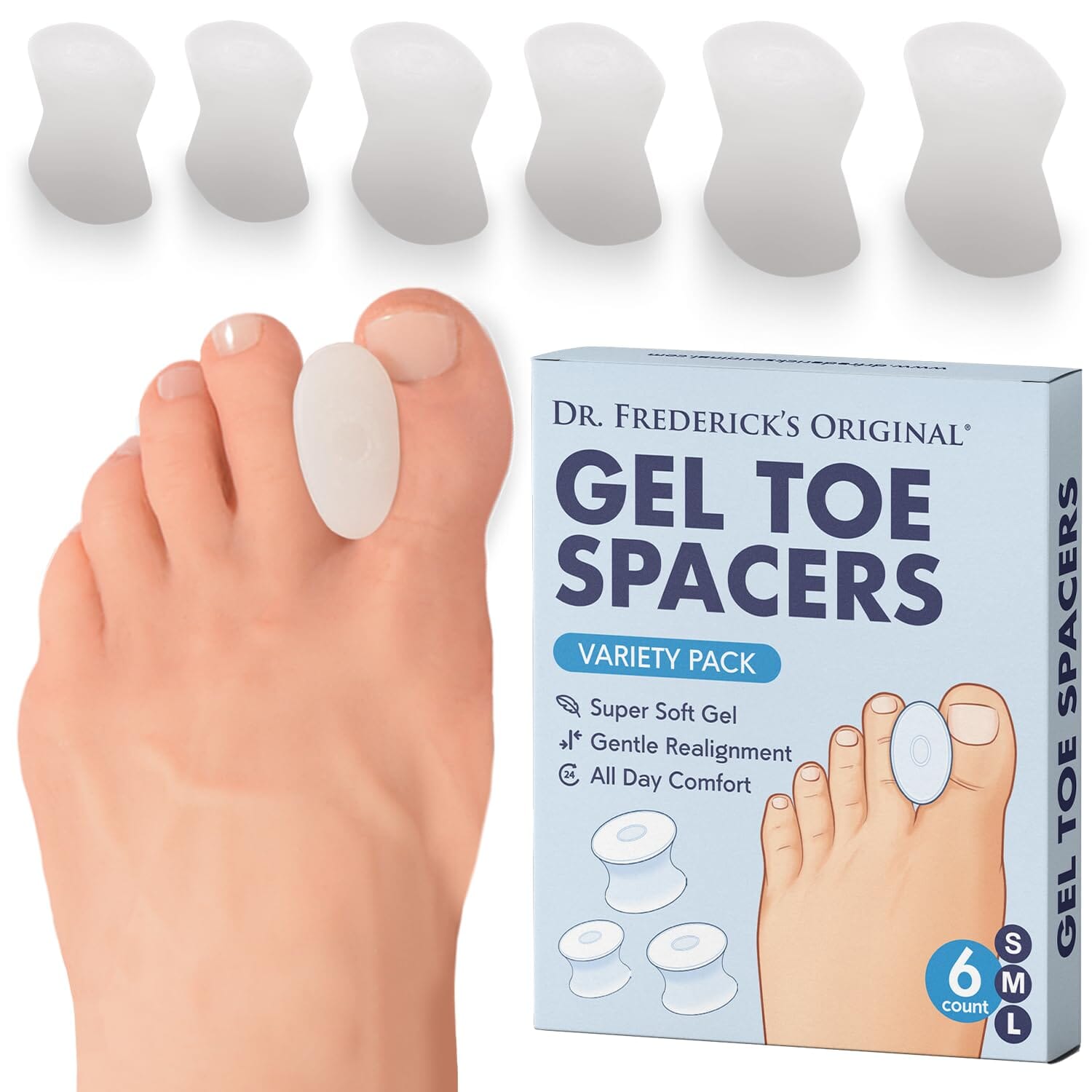 Dr. Frederick's Original Gel Toe Separators - 6 ct - Soft Spacers for Bunions, Overlapping Toes & Pain Relief - Variety Pack - Includes Small/Medium/Large Foot Pain Dr. Frederick's Original 
