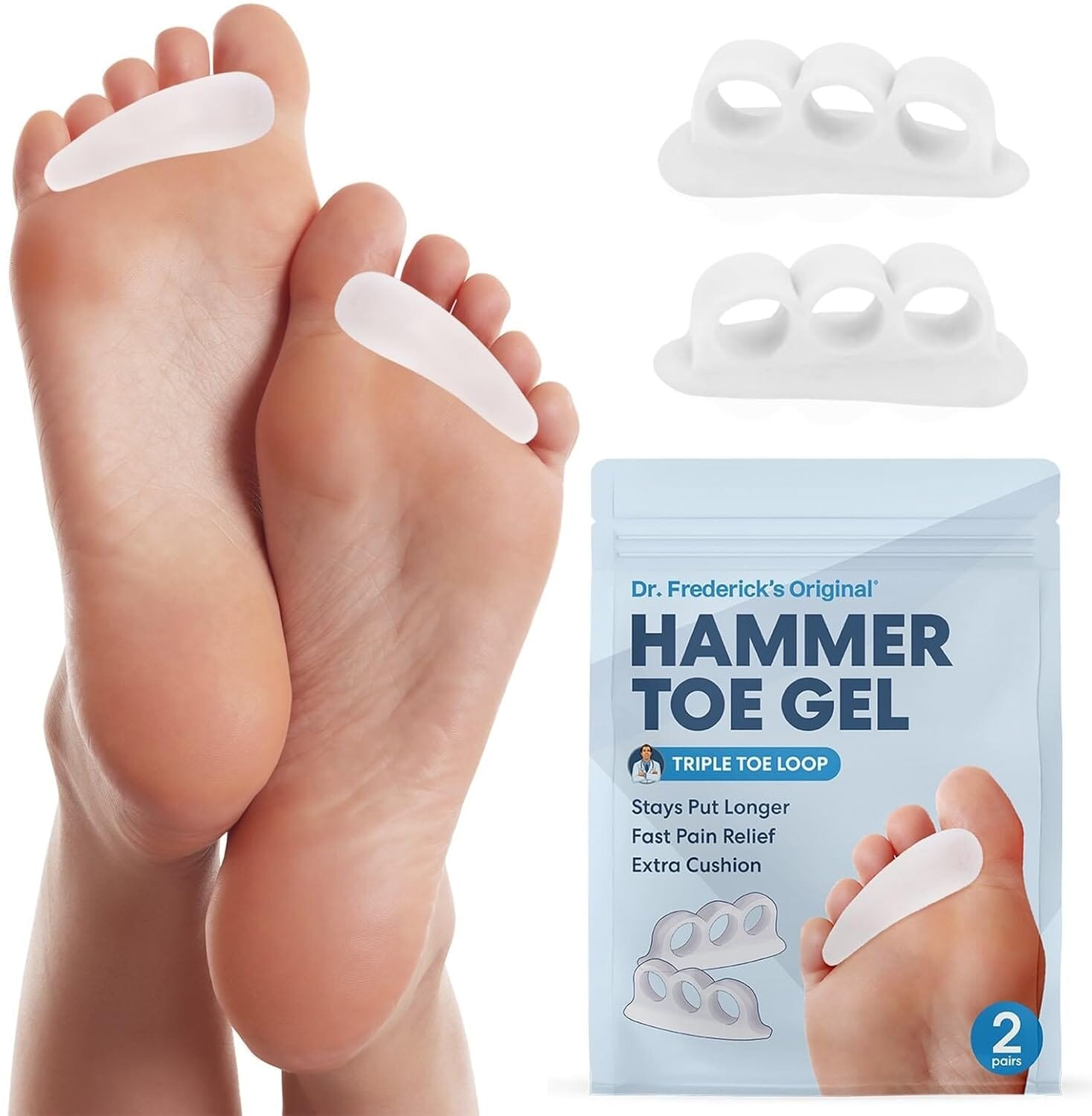 Dr. Frederick's Original Hammer Toe Gels - 2 Pairs - All-Day Relief for Crooked & Overlapping Toes - Soft Cushioning - Symptomatic Support for Toe Alignment - White - 3 Loop Design Foot Pain Dr. Frederick's Original 