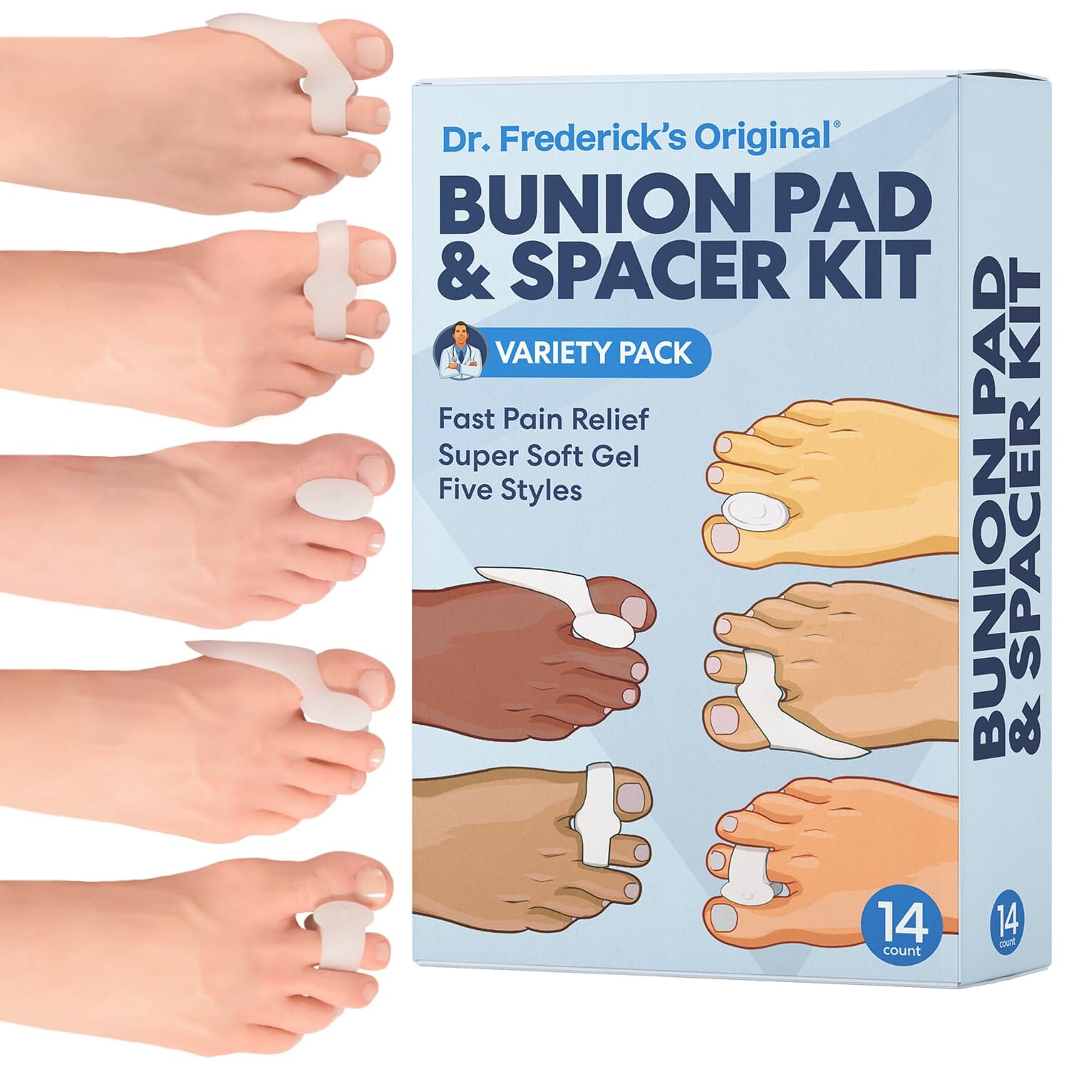 Dr. Frederick's Original 14-Piece Bunion Corrector Kit - Fast Relief for Bunions & Overlapping Toes - For Men & Women - Soft Gel Pads, Spacers, & Separators - No Surgery Required Foot Pain Dr. Frederick's Original 