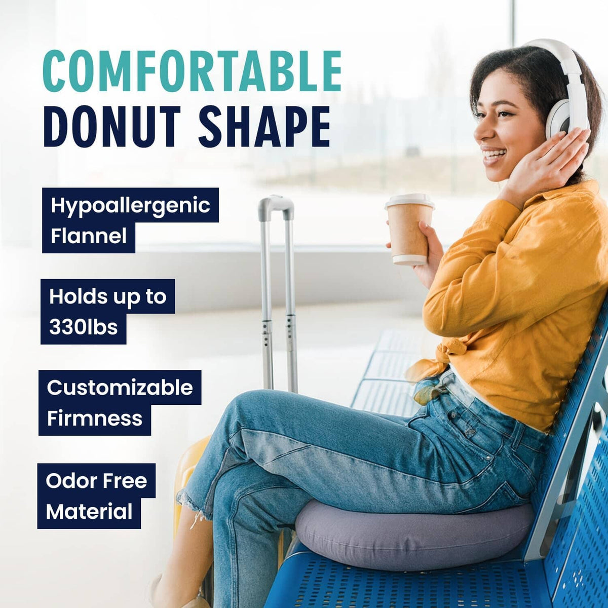 Dr. Frederick&#39;s Original Donut Pillow - 18&quot; Inflatable Donut Cushion for Tailbone Pain Relief - Donut Pillow Seat Cushion for Hemorrhoids, Bed Sores, Prostatitis - Gray Flannel &amp; Vinyl Back Pain Dr. Frederick&#39;s Original 