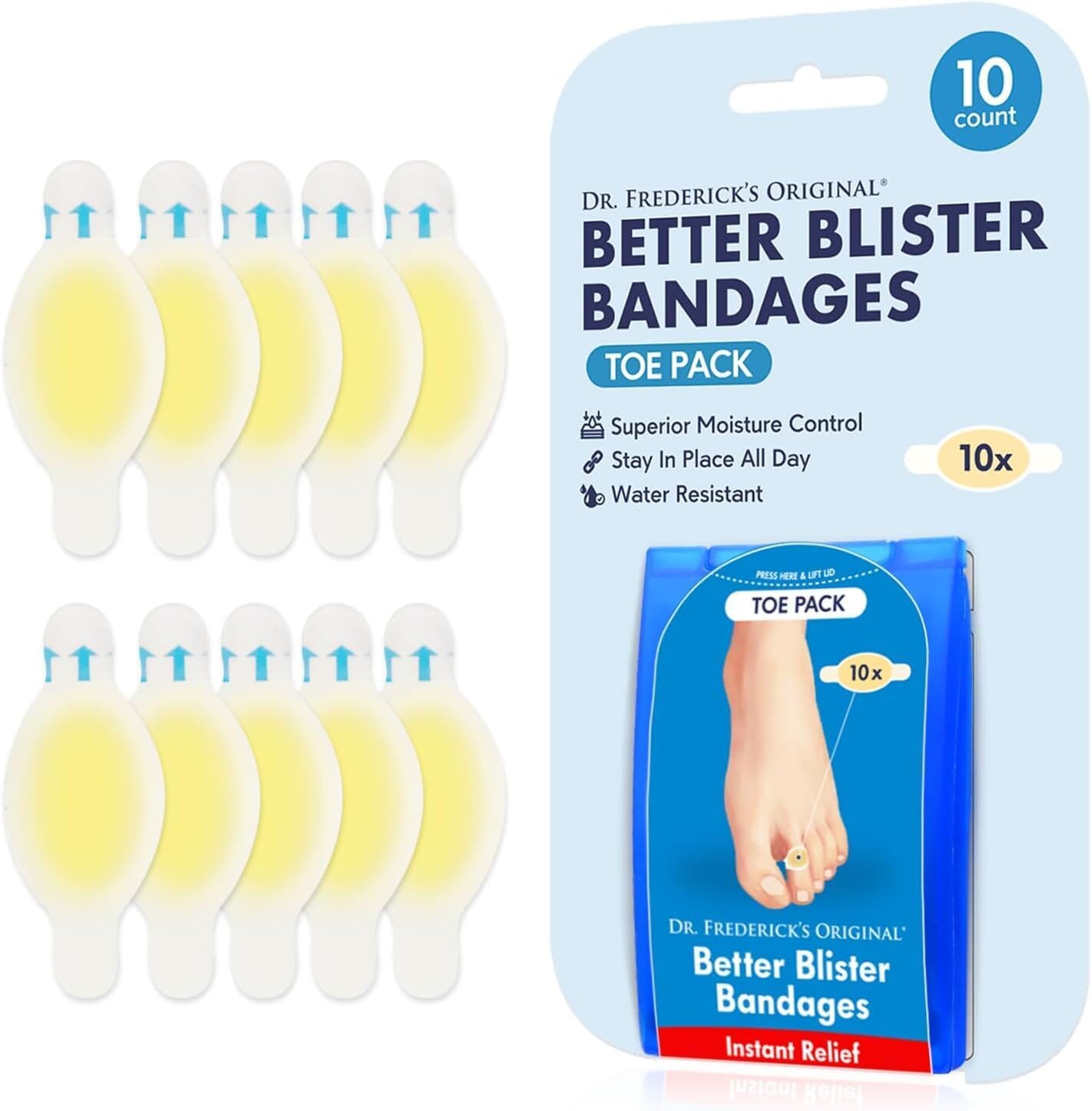 Dr. Frederick's Original Better Blister™ Bandages - 10 ct - Water-Resistant - 40% More Cushioning - Hydrocolloid Pads for Foot & Toe Protection & Recovery - Blister Relief Pads - Toe Pack Foot Pain Dr. Frederick's Original 