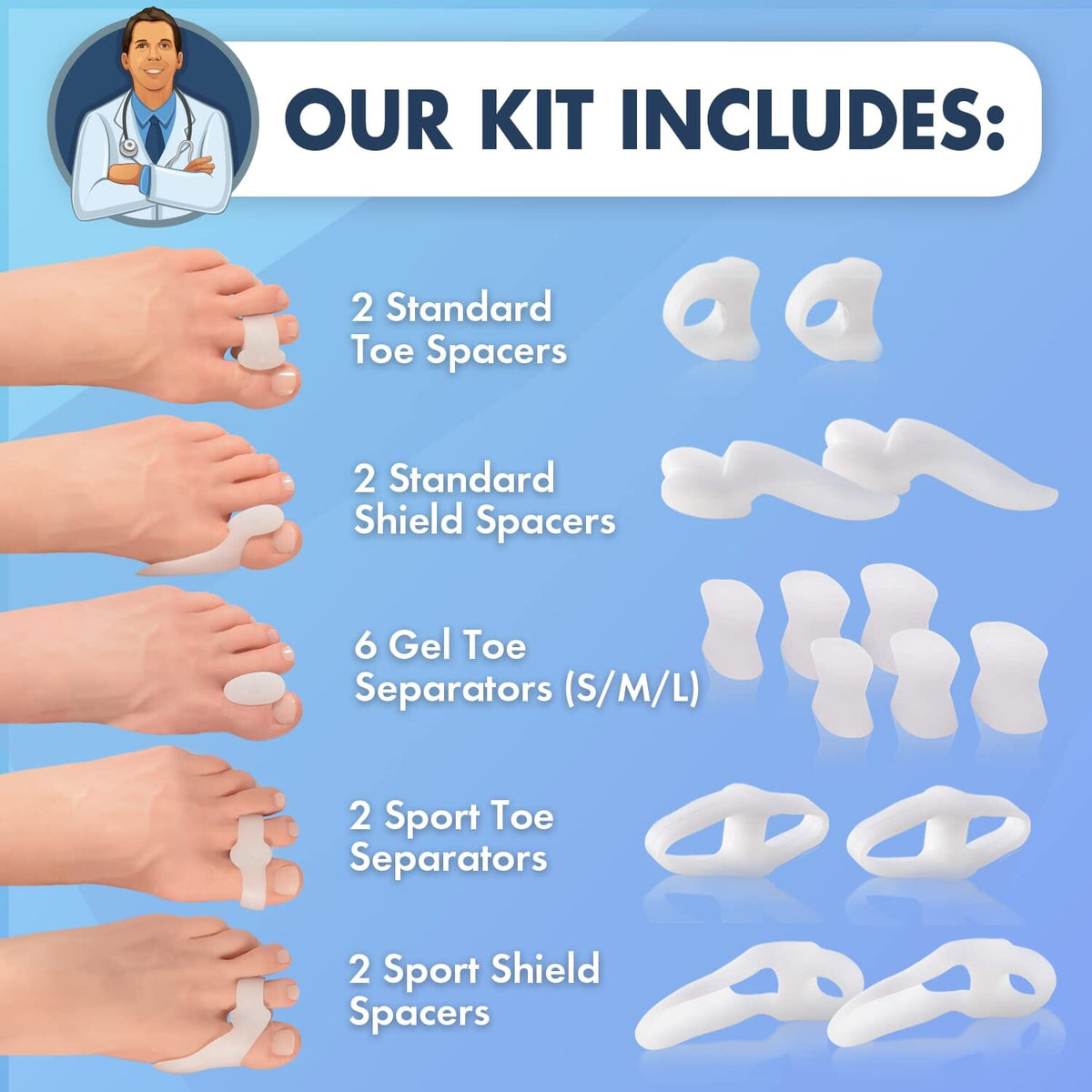 Dr. Frederick&#39;s Original 14-Piece Bunion Corrector Kit - Fast Relief for Bunions &amp; Overlapping Toes - For Men &amp; Women - Soft Gel Pads, Spacers, &amp; Separators - No Surgery Required Foot Pain Dr. Frederick&#39;s Original 