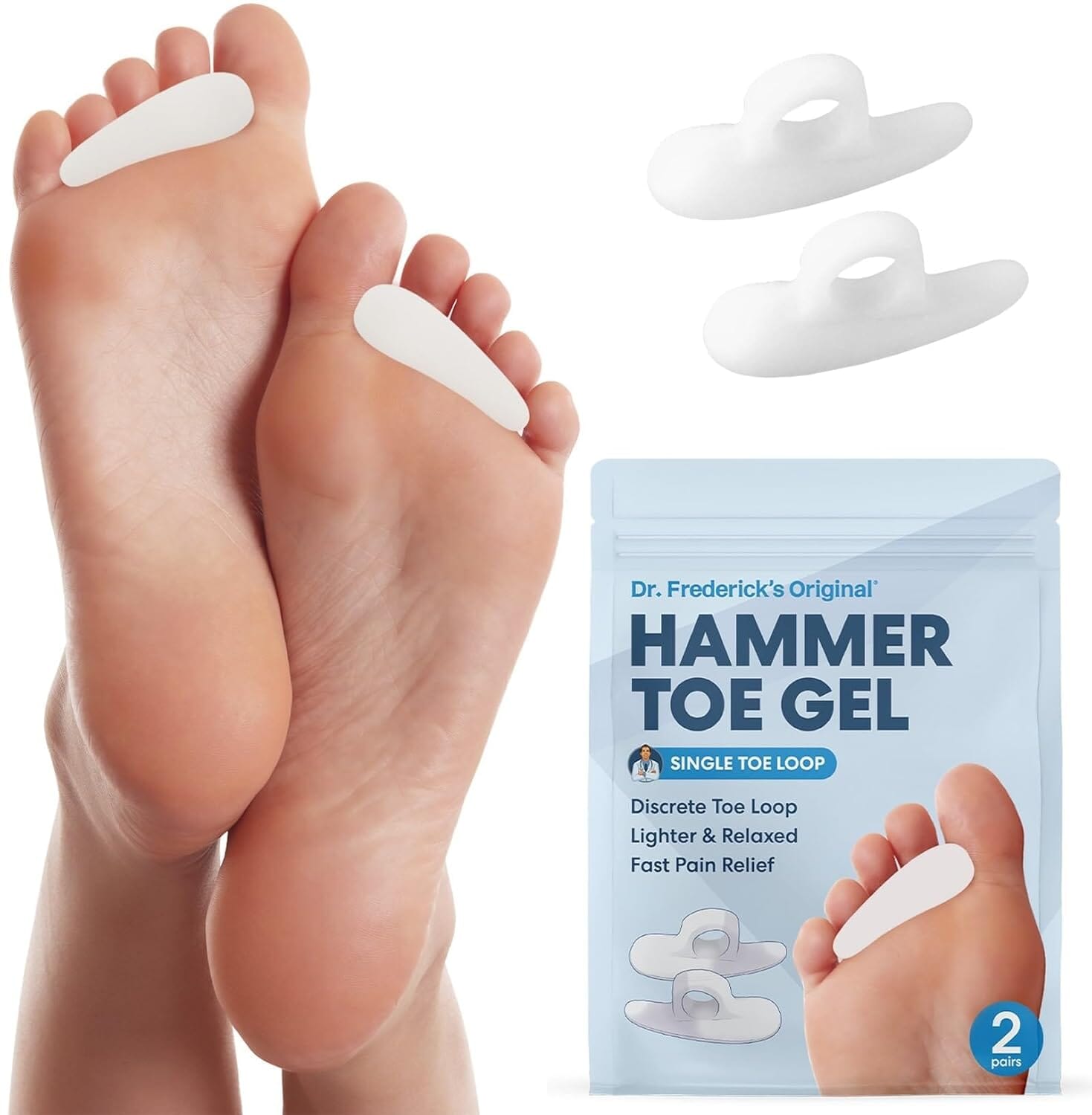 Dr. Frederick's Original Hammer Toe Gels - 2 Pairs - Hammertoe Support Crest for Women & Men - Cushion & Temporary Splint for Toe Alignment, Crooked Toes, and Pain Relief - White - 1 Loop Design Foot Pain Dr. Frederick's Original 