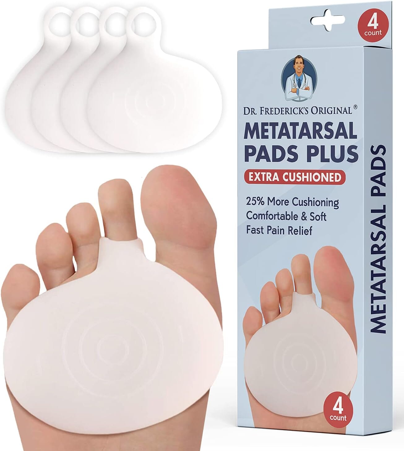 Dr. Frederick's Original Metatarsal Pads Plus - 4pcs - Forefoot Pain Relief - Ball of Foot Pads - Foot Pain Relief Cushion - for Women & Men Foot Pain Dr. Frederick's Original 