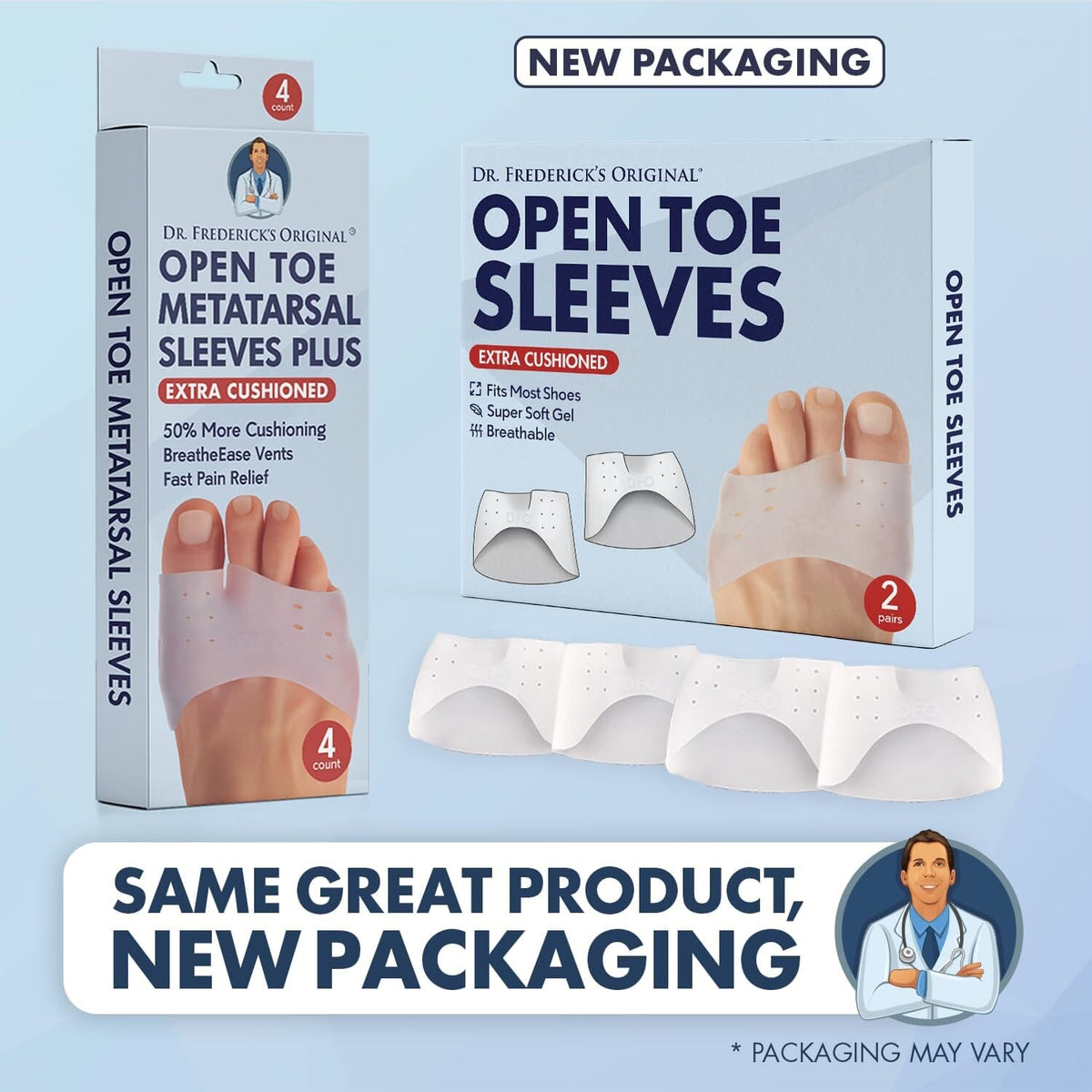 Dr. Frederick&#39;s Original Metatarsal Sleeves Plus - 50% More Cushioning - 4 Pieces - Metatarsal Pads for Women &amp; Men Foot Pain Dr. Frederick&#39;s Original 