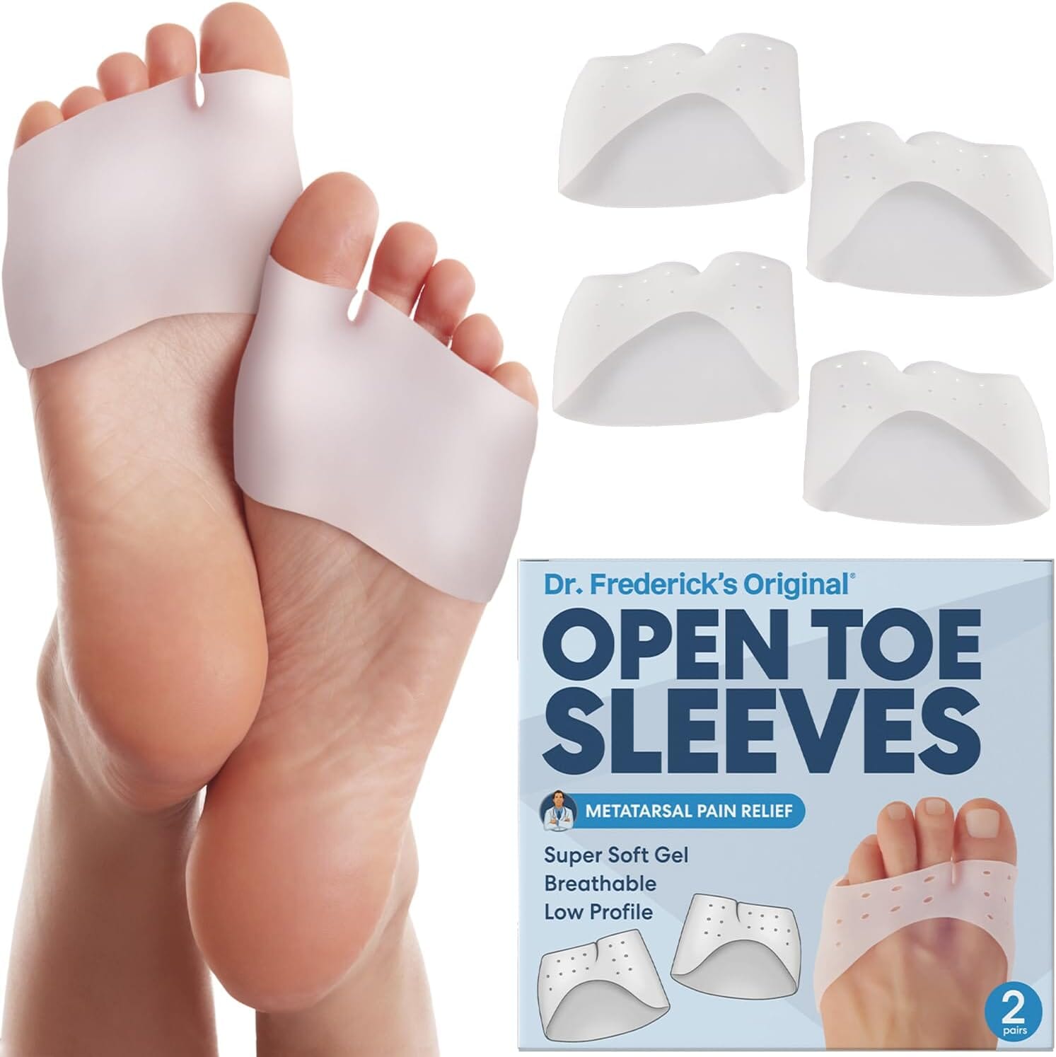 Dr. Frederick's Original Open Toe Sleeves | Half Toe Sleeve Metatarsal Pads | 4 Pieces | Ball of Foot Cushions | Great for Calluses and Blisters | for Men and Women | Perfect for High Heel Shoes Foot Pain Dr. Frederick's Original 