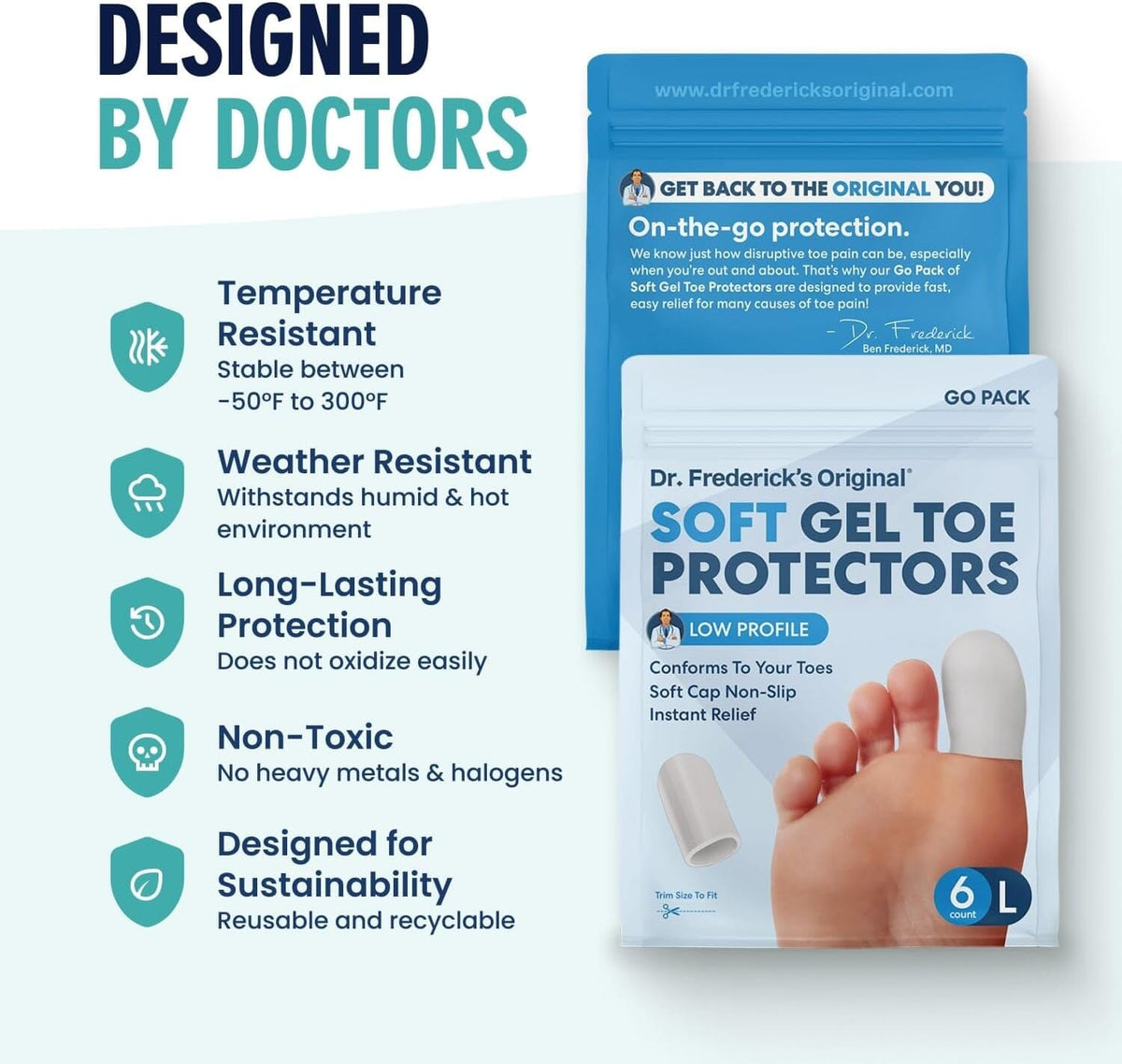 Dr. Frederick&#39;s Original Soft Gel Toe Protectors for Men &amp; Women - 6 ct - Toe Caps for Foot Pain Relief - Sleeves for Ingrown Toenails, Corns, Calluses, and Blisters - Large - White Foot Pain Dr. Frederick&#39;s Original 