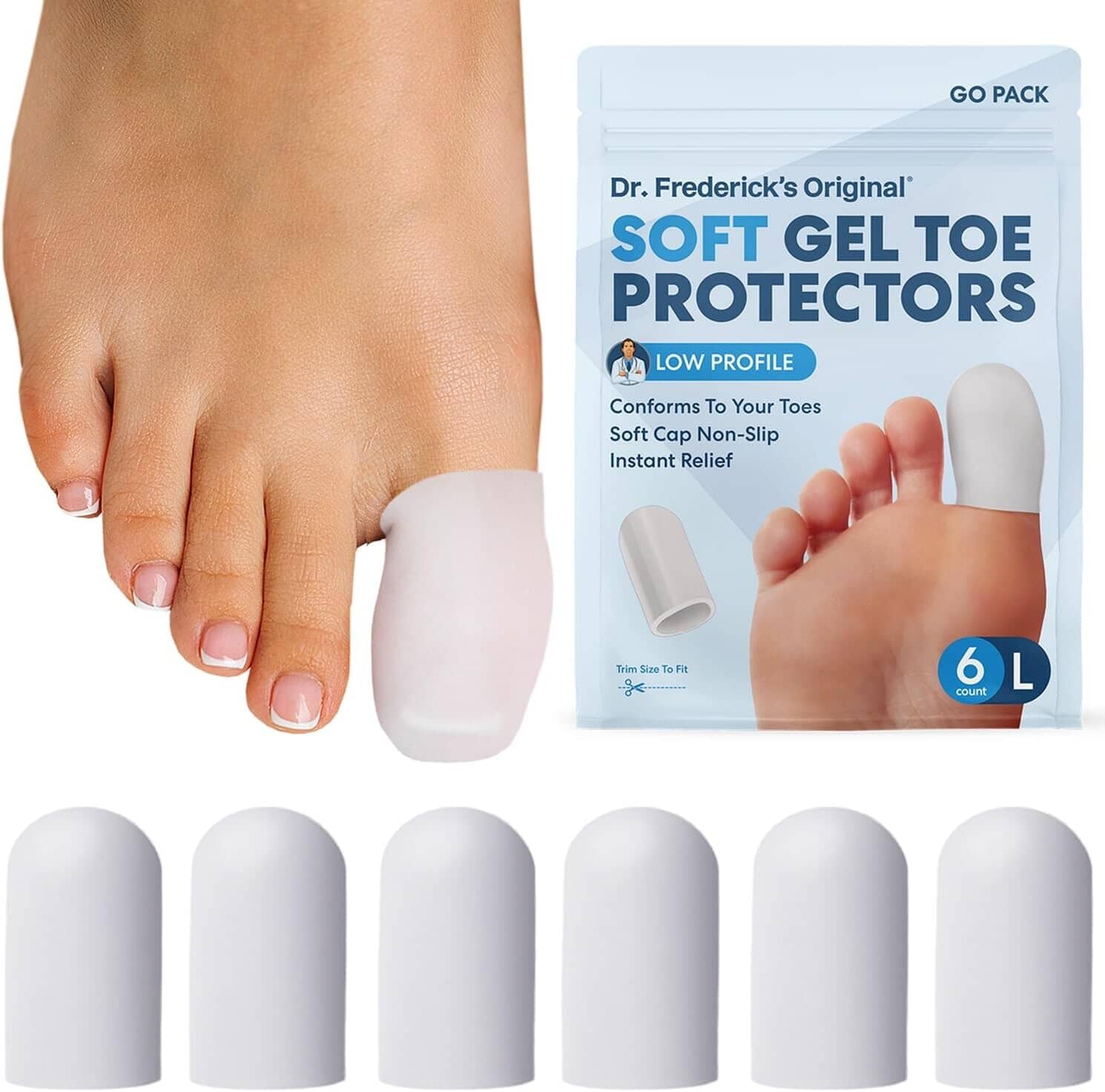Dr. Frederick's Original Soft Gel Toe Protectors for Men & Women - 6 ct - Toe Caps for Foot Pain Relief - Sleeves for Ingrown Toenails, Corns, Calluses, and Blisters - Large - White Foot Pain Dr. Frederick's Original 