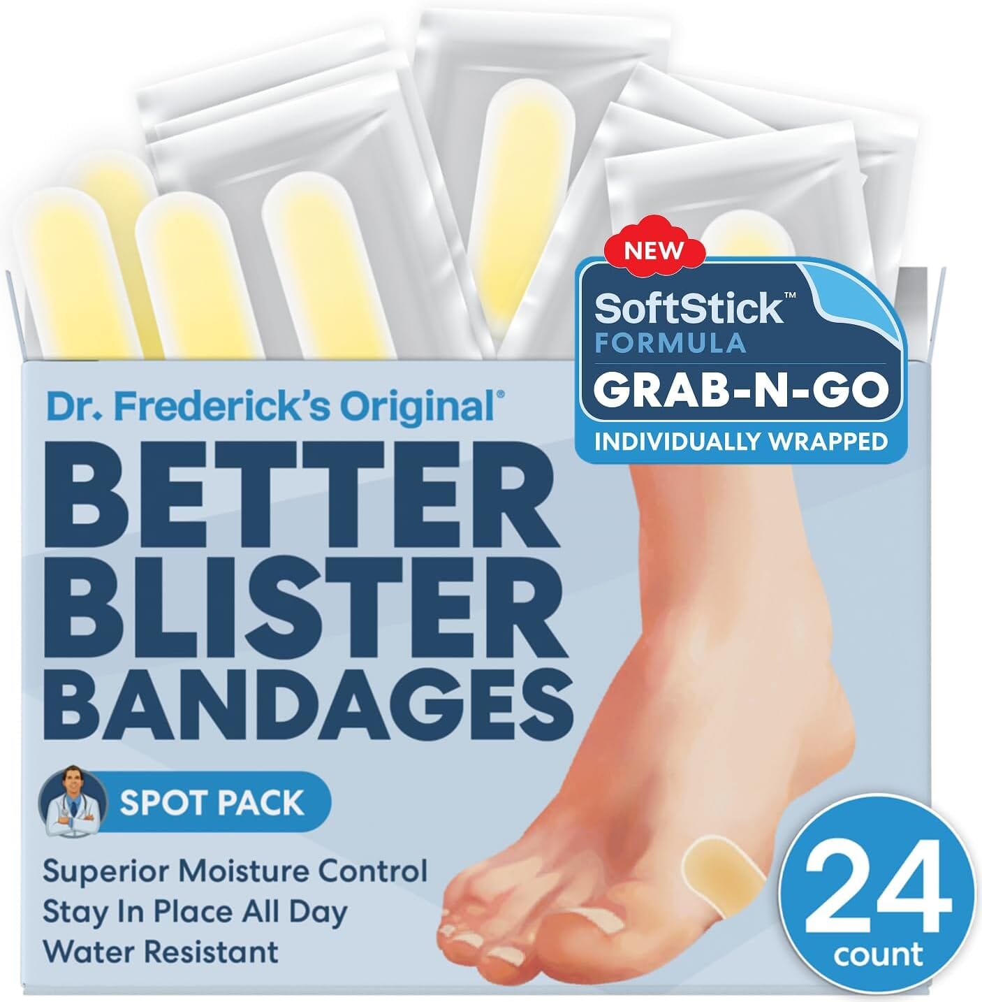 Dr. Frederick's Original SoftStick™ Better Blister™ Bandages - 24 ct - Extra Soft, Extra Stick - Grab-N-Go - Water Resistant Hydrocolloid Bandages for Blister Prevention - Variety Pack Foot Pain Dr. Frederick's Original Spot Pack 