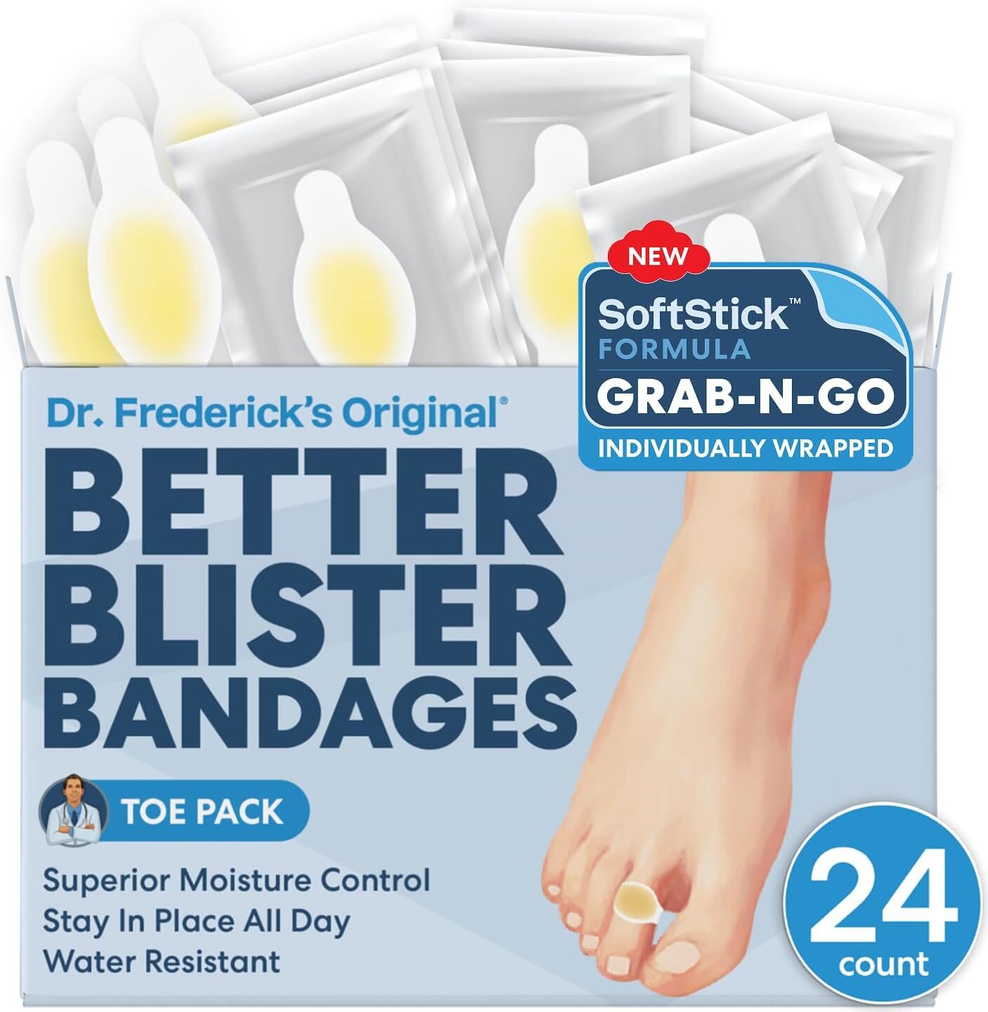 Dr. Frederick's Original SoftStick™ Better Blister™ Bandages - 24 ct - Extra Soft, Extra Stick - Grab-N-Go - Water Resistant Hydrocolloid Bandages for Blister Prevention - Variety Pack Foot Pain Dr. Frederick's Original Toe Pack 