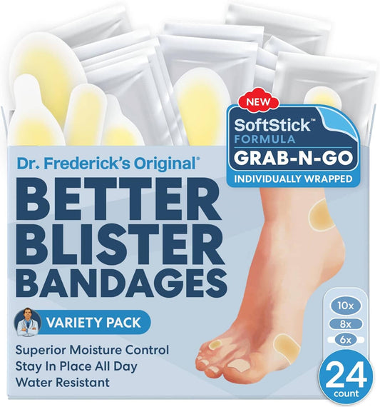 Dr. Frederick's Original SoftStick™ Better Blister™ Bandages - 24 ct - Extra Soft, Extra Stick - Grab-N-Go - Water Resistant Hydrocolloid Bandages for Blister Prevention - Variety Pack Foot Pain Dr. Frederick's Original 