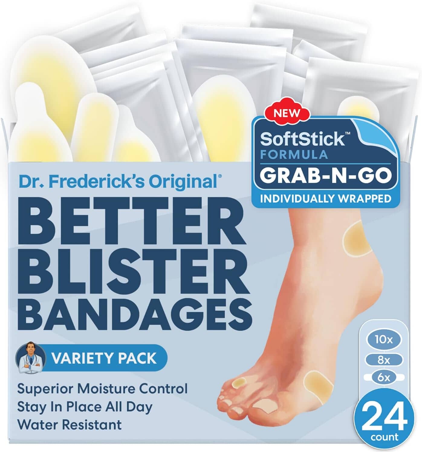 Dr. Frederick's Original SoftStick™ Better Blister™ Bandages - 24 ct - Extra Soft, Extra Stick - Grab-N-Go - Water Resistant Hydrocolloid Bandages for Blister Prevention - Variety Pack Foot Pain Dr. Frederick's Original 