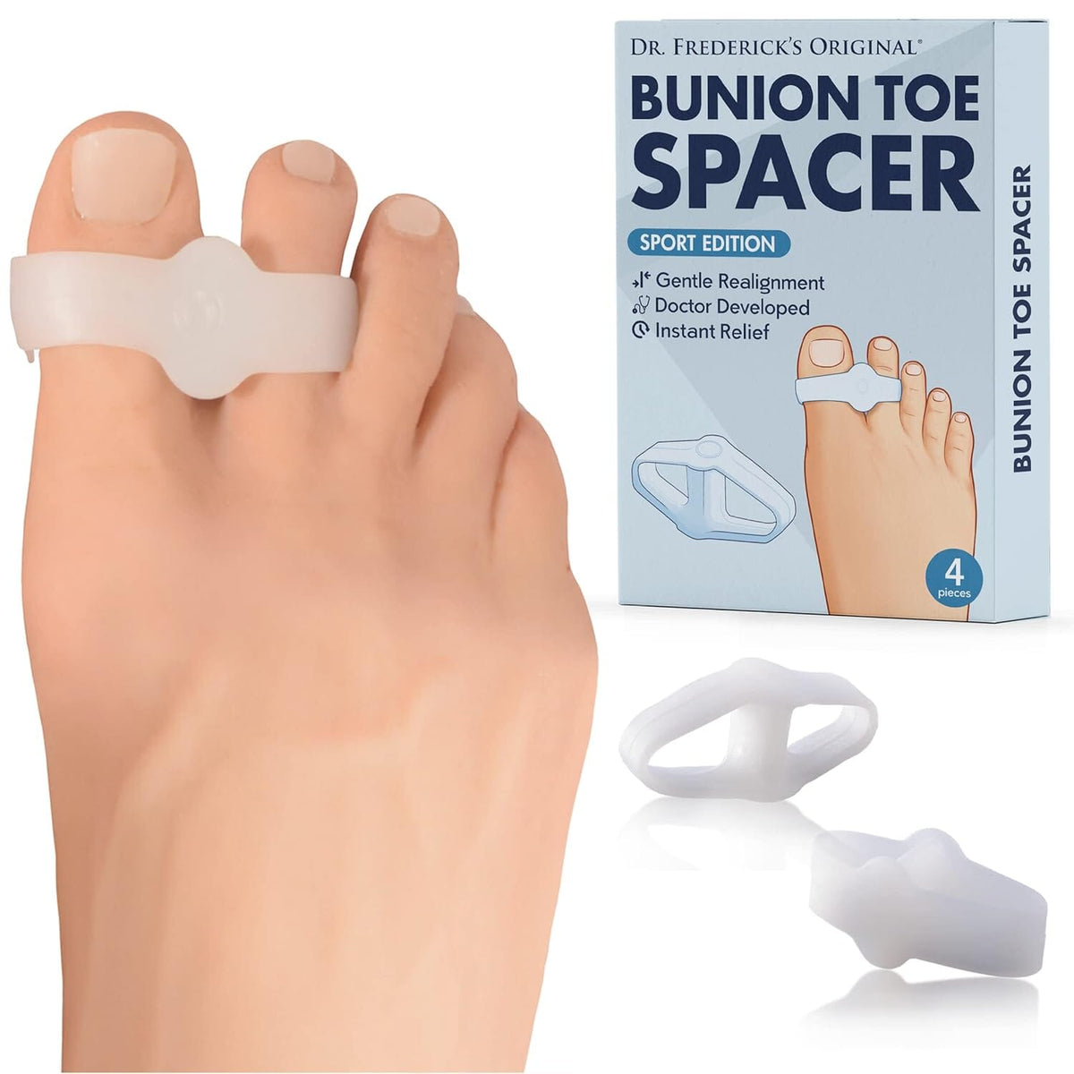 Dr. Frederick&#39;s Original Sport Bunion Toe Spacer Set - 4Pcs - Soft Gel Splints - One Size Fits All - Fast Relief - Wear with Shoes - for Men &amp; Women