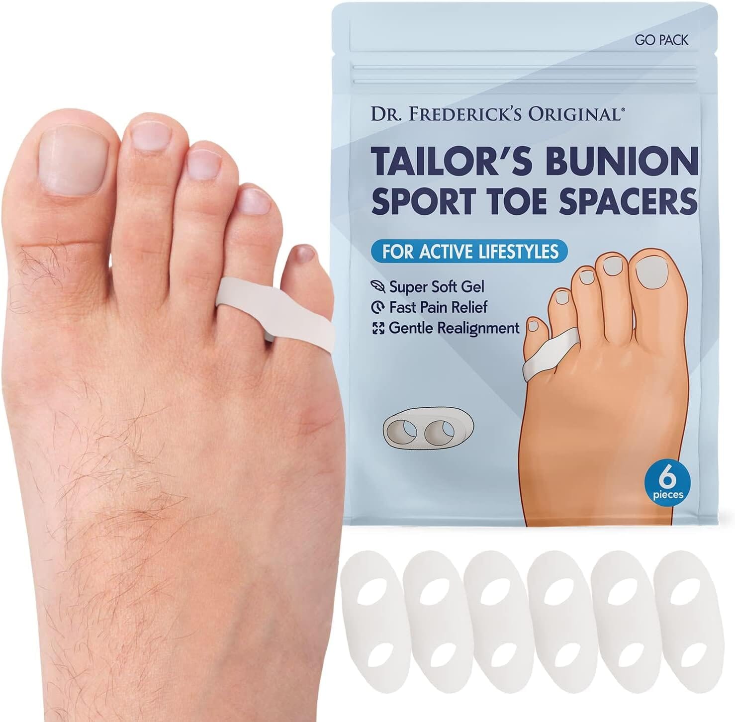Dr. Frederick's Original Tailor's Bunion Sport Spacers - 6pcs - Soft Gel Tailor's Bunion Corrector - Pinky Toe Protection - Fast Bunionette Pain Relief for Men & Women - Prevent Toe Rubbing Foot Pain Dr. Frederick's Original 