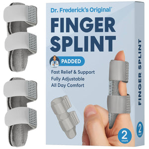 Gray padded trigger finger splint 2-pack with packaging and finger application