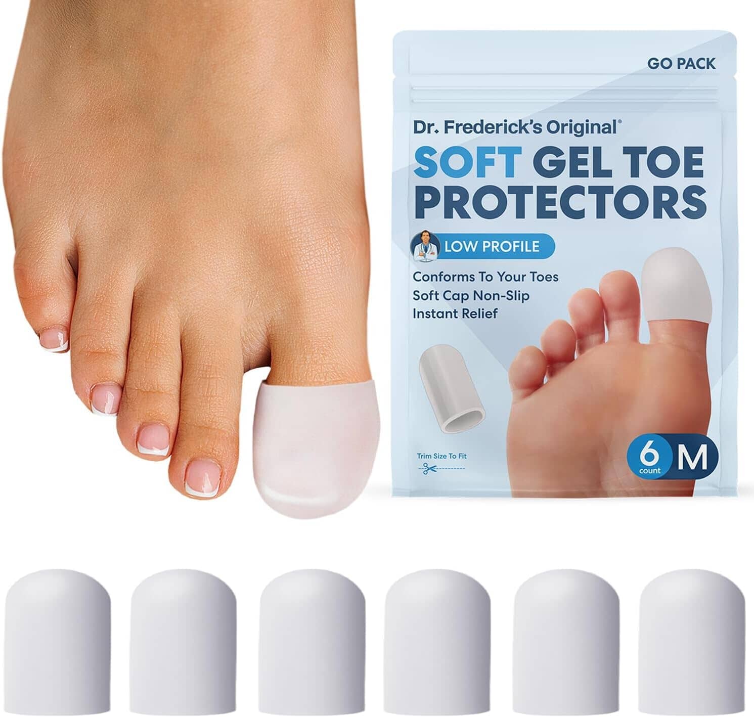 Dr. Frederick's Original Soft Gel Toe Protectors for Men & Women - 6 ct - Toe Caps for Foot Pain Relief - Sleeves for Ingrown Toenails, Corns, Calluses, and Blisters - Medium - White Foot Pain Dr. Frederick's Original 