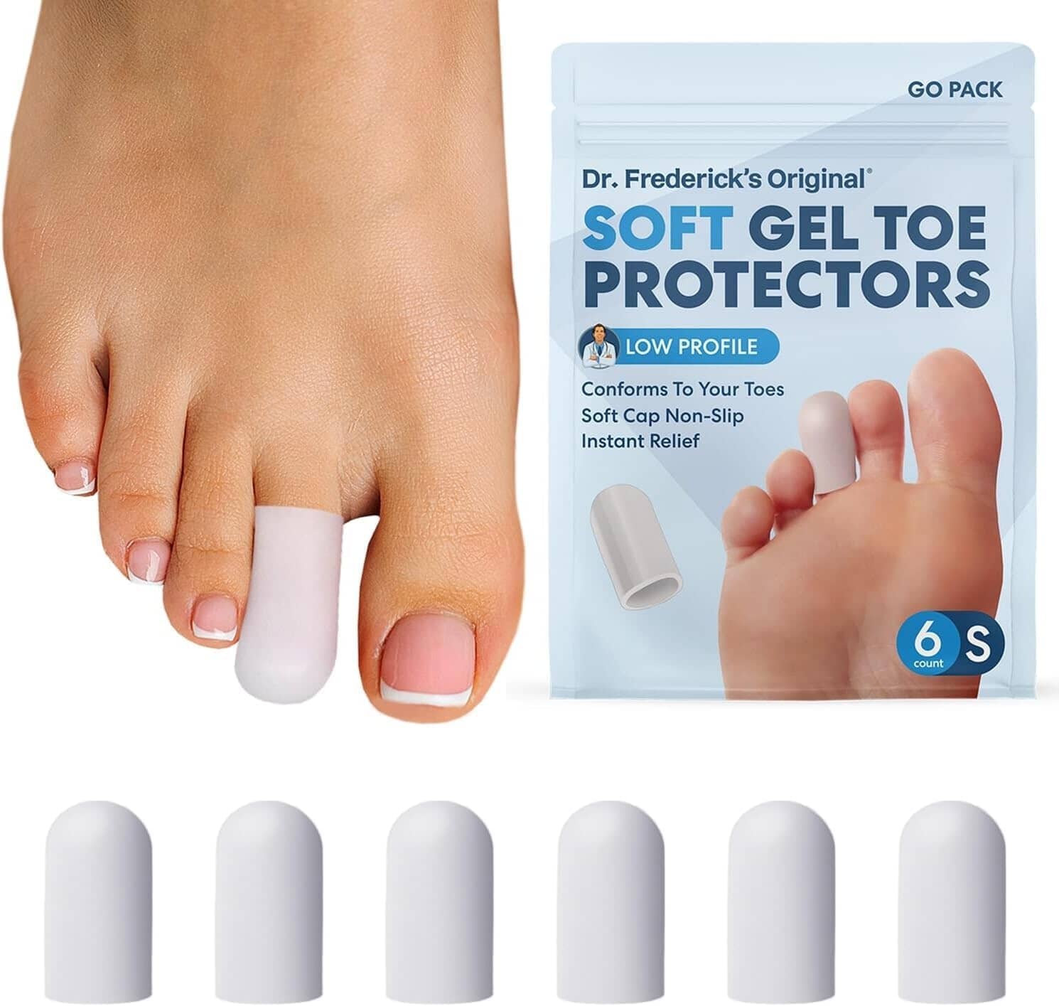 Dr. Frederick's Original Soft Gel Toe Protectors for Men & Women - 6 ct - Toe Caps for Foot Pain Relief - Sleeves for Ingrown Toenails, Corns, Calluses, and Blisters - Small - White Foot Pain Dr. Frederick's Original 