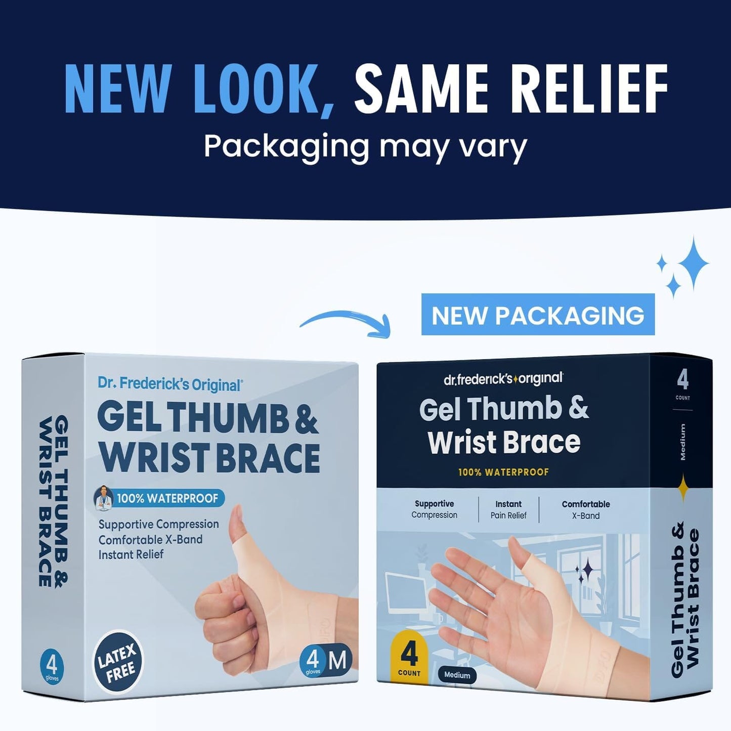 Dr. Frederick's Original Waterproof Thumb & Wrist Brace - 4 ct - Spica Splint - Tendonitis Brace for Arthritis, De Quervain's - Fits Left or Right Hand - Women & Men - Pain Relief & Comfort