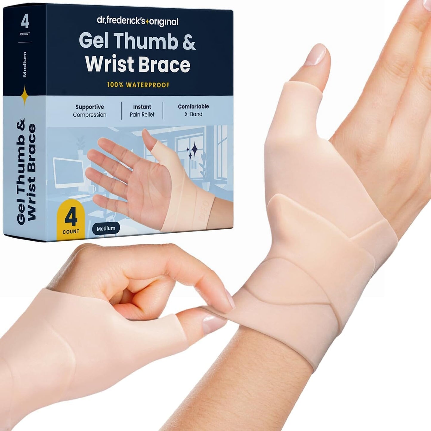 Dr. Frederick's Original Waterproof Thumb & Wrist Brace - 4 ct - Spica Splint - Tendonitis Brace for Arthritis, De Quervain's - Fits Left or Right Hand - Women & Men - Pain Relief & Comfort
