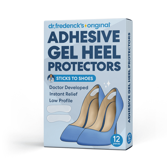 Dr. Frederick's Original Gel Heel Protectors - Package of 12 transparent heel grips with blue high heels