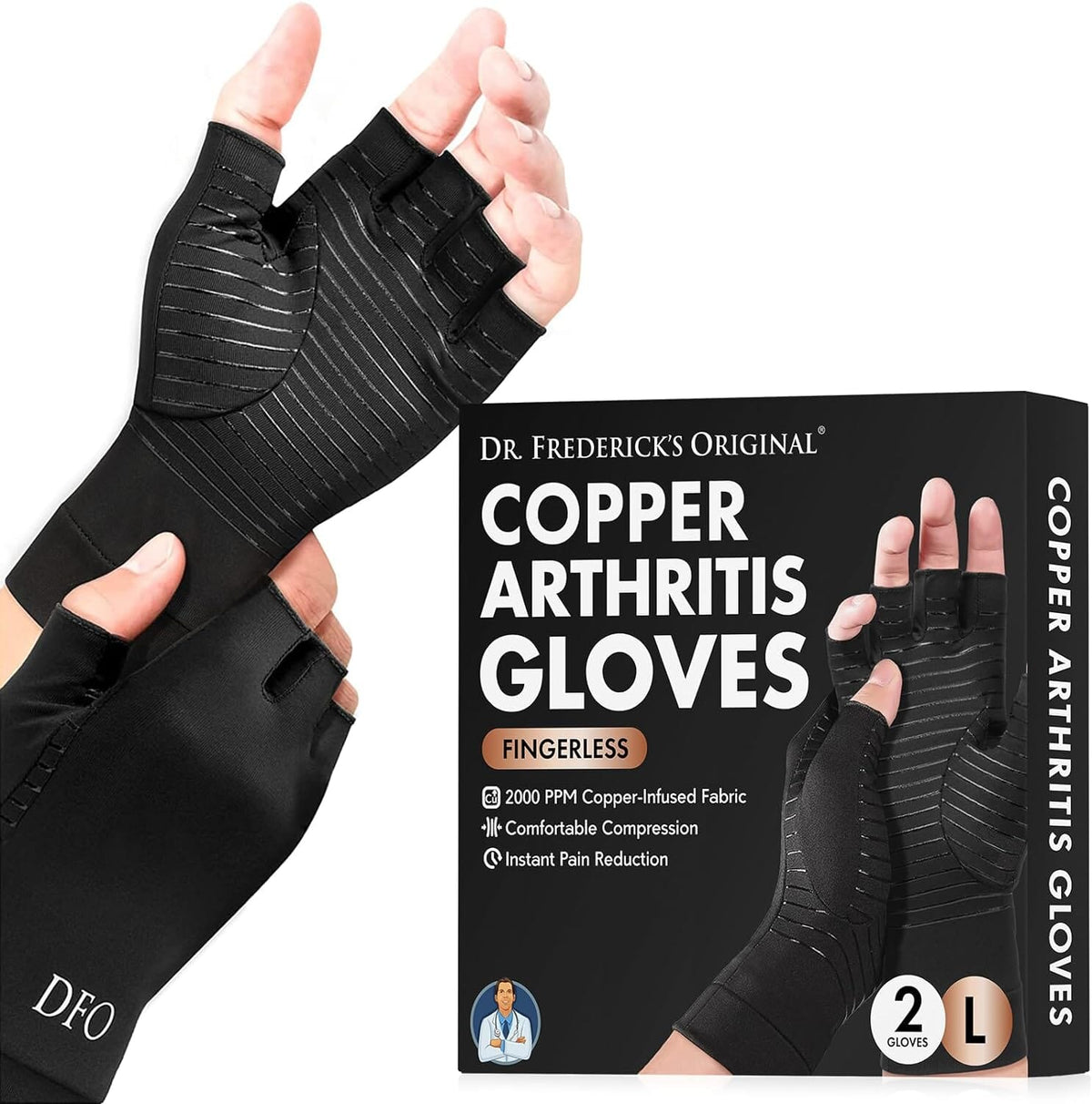 Dr. Frederick&#39;s Original Copper Arthritis Glove - 2 Gloves - Perfect Computer Typing Gloves - Fit Guaranteed Hand Pain Dr. Frederick&#39;s Original Large 