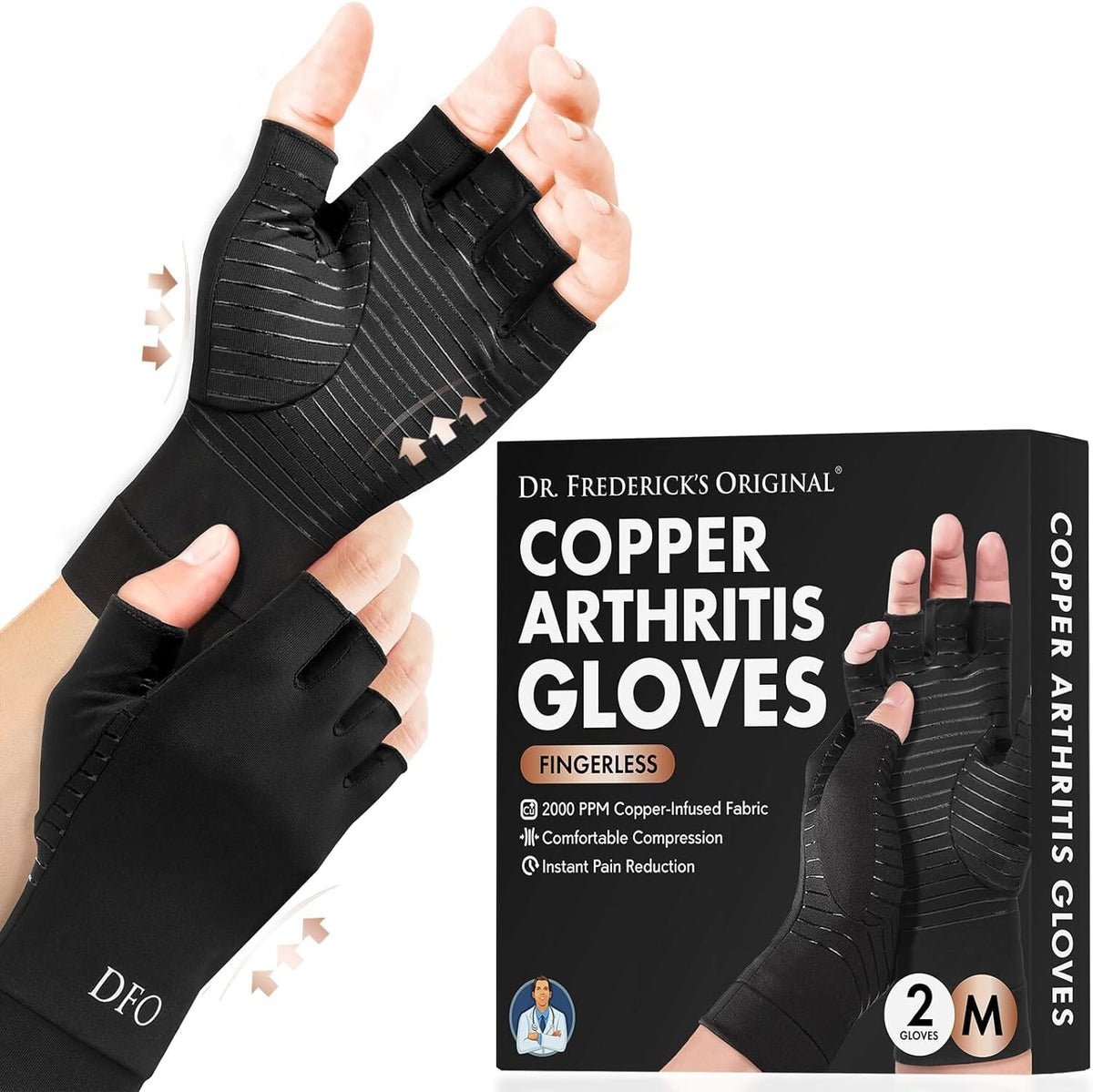 Dr. Frederick&#39;s Original Copper Arthritis Glove - 2 Gloves - Perfect Computer Typing Gloves - Fit Guaranteed Hand Pain Dr. Frederick&#39;s Original Medium 