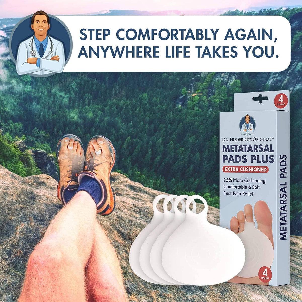 Dr. Frederick&#39;s Original Metatarsal Pads Plus - 4pcs - Forefoot Pain Relief - Ball of Foot Pads - Foot Pain Relief Cushion - for Women &amp; Men Foot Pain Dr. Frederick&#39;s Original 