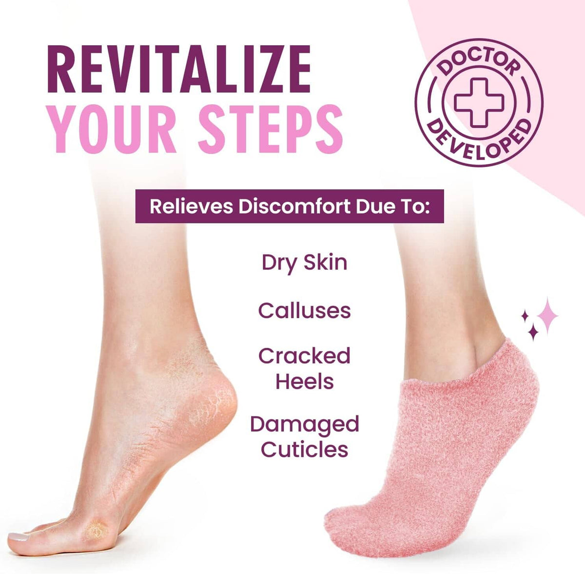Dr. Frederick’s Original Moisturizing Gel Socks for Men &amp; Women – Dry Feet &amp; Cracked Heel Treatment – Full Foot Gel Lining with Mango Butter, Shea Butter, Jojoba &amp; Coconut Oil – Plush Pink Dr. Frederick&#39;s Original 