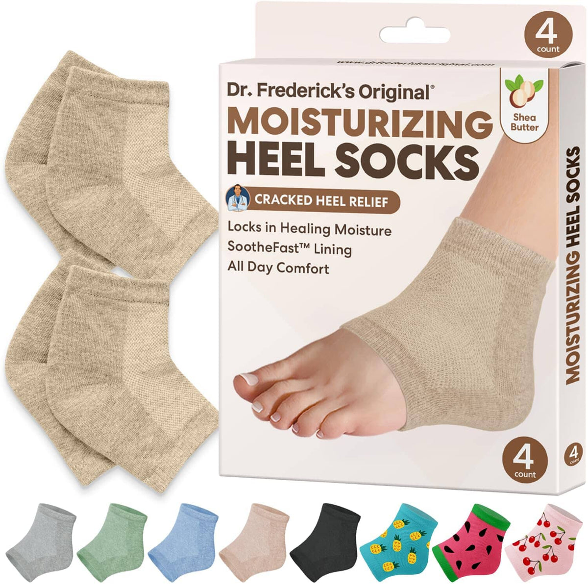 Dr. Frederick&#39;s Original Moisturizing Heel Socks for Cracked Heel Treatment - 2 Pairs - Stop Cracked Heels in Their Tracks Cracked Heel Dr. Frederick&#39;s Original Tan - Shea Butter 