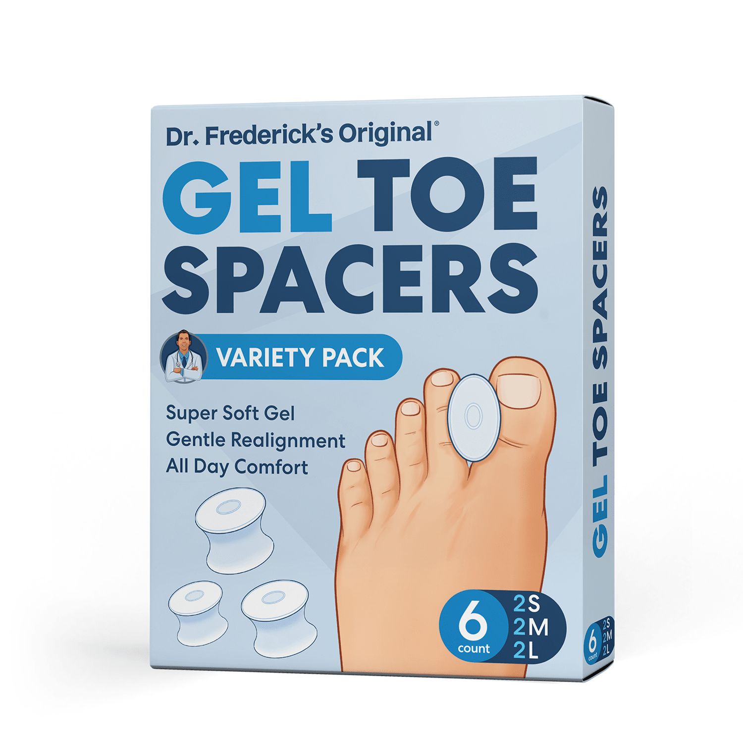 Dr. Frederick's Original Gel Toe Separators - 6 ct - Soft Spacers for Bunions, Overlapping Toes & Pain Relief - Variety Pack - Includes Small/Medium/Large Toe Care Dr. Frederick's Original 