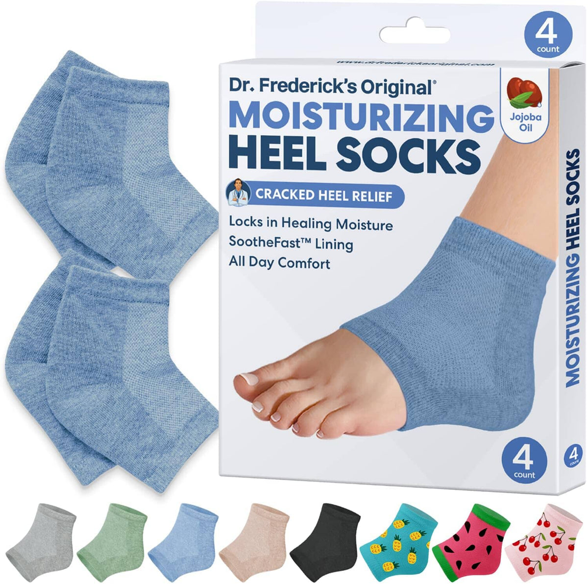 Dr. Frederick&#39;s Original Moisturizing Heel Socks for Cracked Heel Treatment - 2 Pairs - Stop Cracked Heels in Their Tracks Cracked Heel Dr. Frederick&#39;s Original Blue - Jojoba Oil 
