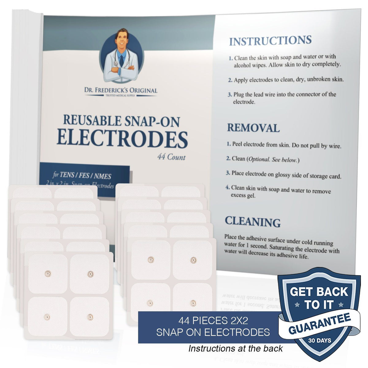 Dr. Frederick&#39;s Original Reusable TENS Unit Pads - 2x2 Snap-On - 44 Pack - Self-Adhesive TENS Electrodes - Heavy Gauge Leads - Pre-gelled - TENS - FES - NMES Back Pain Dr. Frederick&#39;s Original 